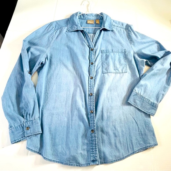 Chicos 100% Cotton Jean Shirt polka dots  Lightweigh Button Front ombre Look L - Picture 1 of 8